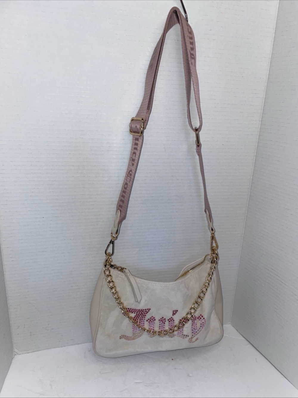 Juicy Couture Y2K Cream Mini Shoulder Bag with Pink Logo and Pink Strap